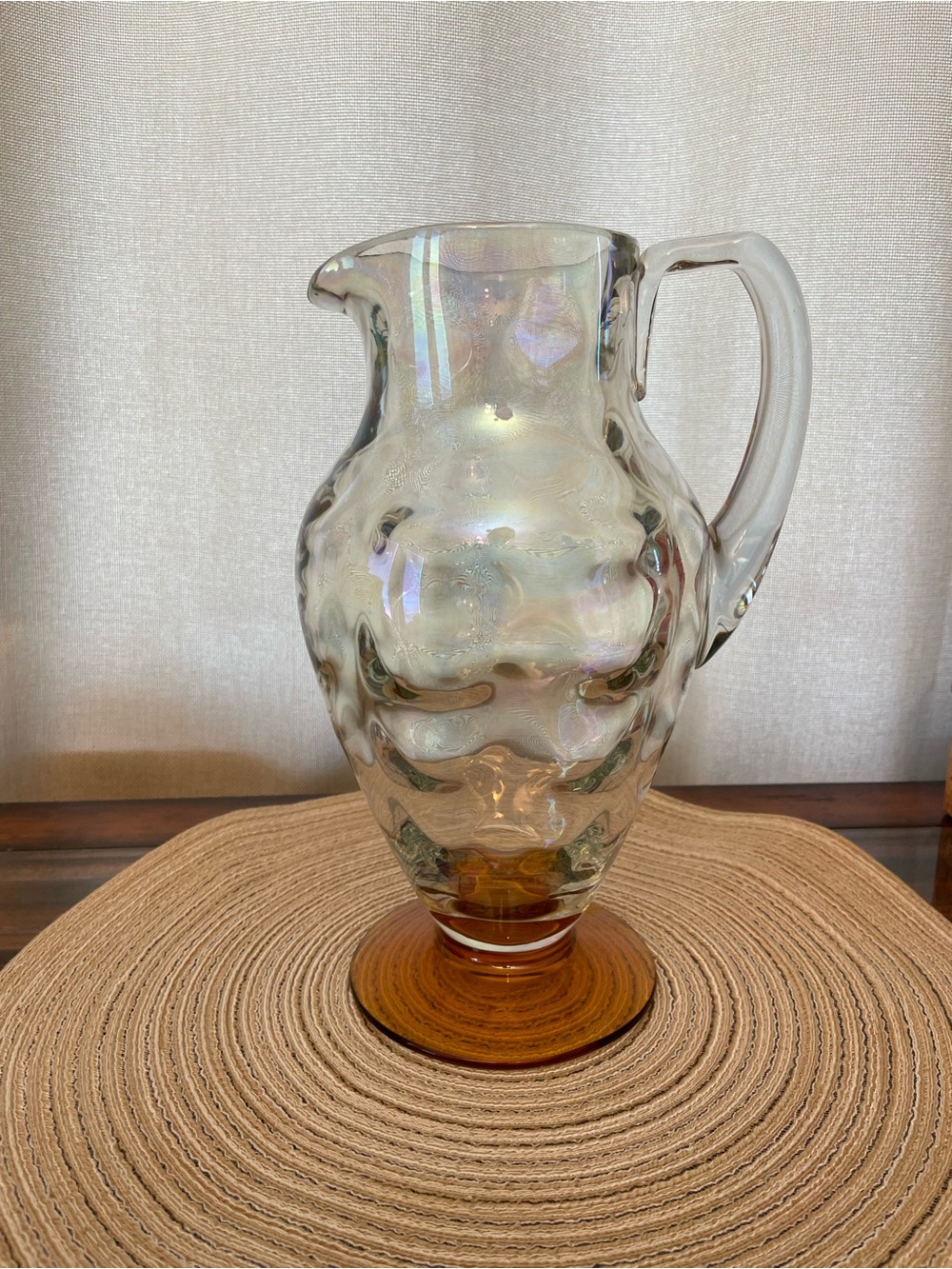 Tiffin Glass Co. Pitcher Depression-Era Iridescent Pattern with Amber Base